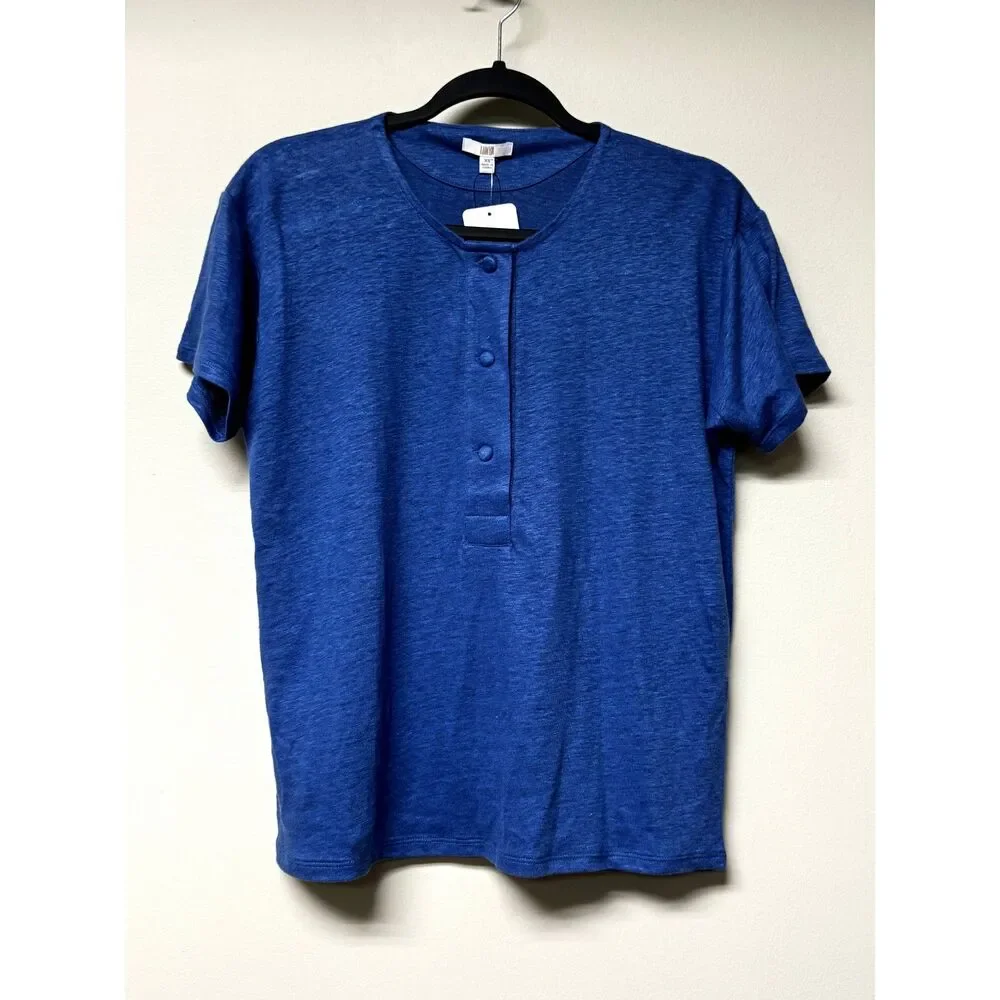 NWT - LUNYA 100% Linen Knit Henley Pajama Short Set, Blue, Sz XS - Picture 2 of 11